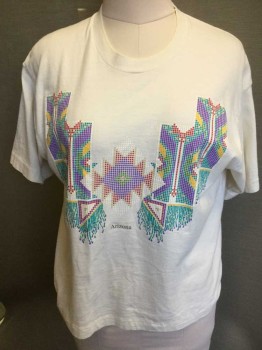 FRUIT OF THE LOOM, Cream, Purple, Teal Green, Red, Yellow, Cotton, Dots, Geometric, Crew Neck, Short Sleeves,