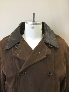 N/L, Dk Brown, Chocolate Brown, Cotton, Faux Leather, Solid, Textured Twill with Chocolate Pleater Collar, Button Front, Double Breasted, 5 Buttons,  Long Sleeves, Button Tab Cuff, 1 Back Vent