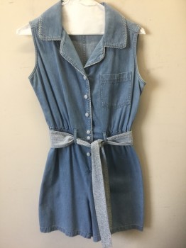 PETITE SOPHISTICATE, Denim Blue, White, Blue, Cotton, Solid, Check - Micro , Chambray/Denim, Sleeveless, Elastic Waist, Blue & White Microcheck Gingham Trim on Collar, Button Plackets and Buttons at Center Front, 1 Patch Pocket at Chest, Belt Loops, **2 Piece with Matching Microcheck Gingham Sash BELT