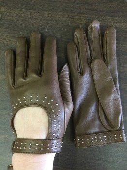 GUCCI, Brown, Leather, Metallic/Metal, Solid, Driving Gloves, Tiny Sliver Studs, Snap, Lined in Silk