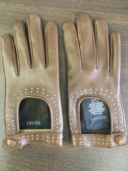 GUCCI, Brown, Leather, Metallic/Metal, Solid, Driving Gloves, Tiny Sliver Studs, Snap, Lined in Silk
