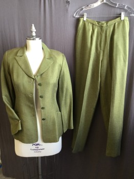 BERGAMO, Olive Green, Viscose, Wool, Herringbone, Shinny with Brown Lining,  Notched Lapel, Single Breasted, 4 Button Front, Long Sleeves, 2 Pockets