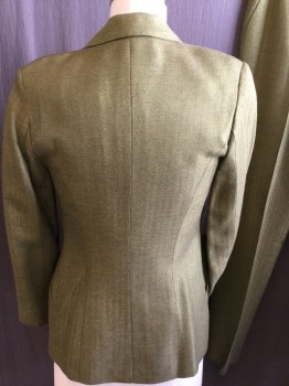 BERGAMO, Olive Green, Viscose, Wool, Herringbone, Shinny with Brown Lining,  Notched Lapel, Single Breasted, 4 Button Front, Long Sleeves, 2 Pockets