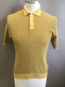 CATALINA BAN-LON, Ochre Brown-Yellow, Nylon, Cotton, Solid, Horizontally Ribbed Knit, Short Sleeves, Collar Attached, 3 Button Placket at Center Front Neck,