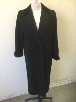 LESLIE FAY PETITES, Black, Wool, Solid, Double Breasted, Large Shawl Lapel, Black Velvet Panel on Upper Lapel, and Cuffs, 2 Pockets, Pleats at Shoulders, Below Knee Length,