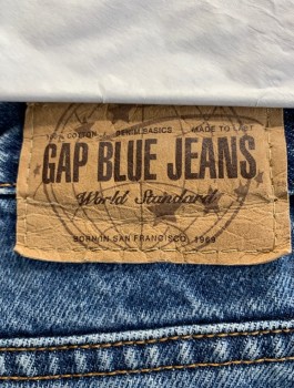 GAP, Denim Blue, Cotton, Solid, Medium-Light Wash Denim, High Waist, Tapered Leg, Zip Fly, 5 Pockets, Belt Loops