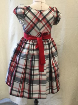 Bonnie Jean, Silver, Gray, Red, Black, Polyester, Plaid, Round Neck, Cap Sleeves, Red Bow and Tie at Waist, Skirt Gathered at Waist.zipper CB.