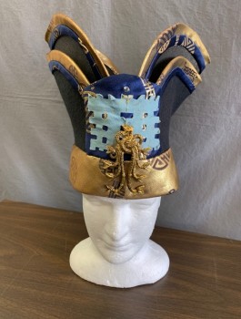 HARRY ROTZ, Black, Gold, Navy Blue, Silk, Buckram, Medallion Pattern, Solid, Solid Black Felt with Gold and Navy Brocade Accents, 2 Layers of Curled Structures That Curve Out at Each Side, Top Layer is Black Buckram, Gold Snakes Brooche and Light Blue Felt Accent at Front, Asian Inspired, Made To Order