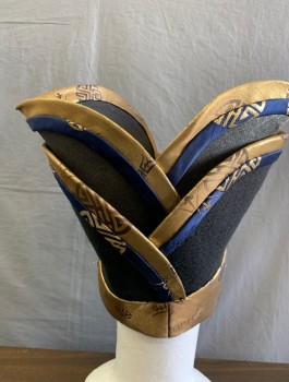 HARRY ROTZ, Black, Gold, Navy Blue, Silk, Buckram, Medallion Pattern, Solid, Solid Black Felt with Gold and Navy Brocade Accents, 2 Layers of Curled Structures That Curve Out at Each Side, Top Layer is Black Buckram, Gold Snakes Brooche and Light Blue Felt Accent at Front, Asian Inspired, Made To Order