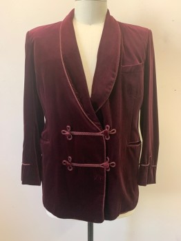 TURNBULL & ASSER, Red Burgundy, Cotton, Velvet, Shawl Lapel, Braided Cord Piping on Lapel & Cuffs, Double Breasted, Button Front, Frog Button Closures, 3 Pockets, Single Back Vent