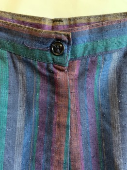 LA CLASSE, Navy Blue, Teal Green, Royal Blue, Rust Orange, Gold, Linen, Cotton, Stripes - Vertical , 1-1/4" Waistband with Belt Hoops, 2 Top Stitch Pleat Front, 2 Side Pockets,