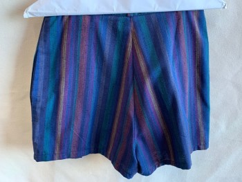 LA CLASSE, Navy Blue, Teal Green, Royal Blue, Rust Orange, Gold, Linen, Cotton, Stripes - Vertical , 1-1/4" Waistband with Belt Hoops, 2 Top Stitch Pleat Front, 2 Side Pockets,