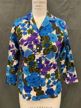 H BAR C, Off White, Blue, Lt Blue, Olive Green, Magenta Purple, Cotton, Floral, Snap Front, Collar Attached, Long Sleeves, Western Back Yoke,