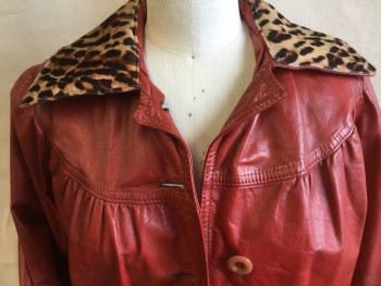 FOX 50, Dk Red, Tan Brown, Brown, Lt Brown, Leather, Solid, Animal Print, Dark Red Lining, Leopard Pint Large Collar Attached, Yoke Front and Back, Large Button Front (1 MISSING Button at the Top), 2 Side Pockets, Long Sleeves,