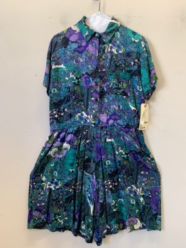 S ROBERTS, Green, Blue, Black, Purple, Rayon, Floral, Abstract , Button Front, Collar Attached, 1 Pocket, Short Sleeves, Pleated Waist, 2 Pockets,