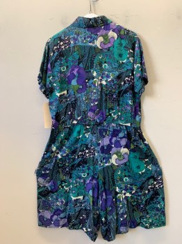 S ROBERTS, Green, Blue, Black, Purple, Rayon, Floral, Abstract , Button Front, Collar Attached, 1 Pocket, Short Sleeves, Pleated Waist, 2 Pockets,