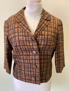 ANNIE COUTURE, Brown, Black, Silk, Geometric, Jacket/Blazer, Painterly Rectangles Print, 3/4 Sleeves, 3 Large Brown Buttons, Notched Lapel, Boxy Fit, **Has Some Shoulder Burn/Fading
