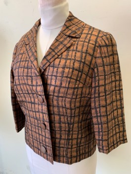 ANNIE COUTURE, Brown, Black, Silk, Geometric, Jacket/Blazer, Painterly Rectangles Print, 3/4 Sleeves, 3 Large Brown Buttons, Notched Lapel, Boxy Fit, **Has Some Shoulder Burn/Fading