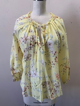 VELVET, Lt Yellow, Lt Pink, White, Lt Blue, Black, Cotton, Floral, Gauze, 3/4 Sleeves, Drawstring Neckline with Keyhole, Self Ties, Peasant Blouse, Pullover