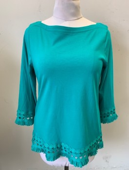 TALBOTS, Teal Green, Cotton, Solid, Jersey, Bateau/Boat Neck, 3/4 Sleeves, Circles Pattern Trim at Cuffs and Hem with Self Fringe Edges, Pullover