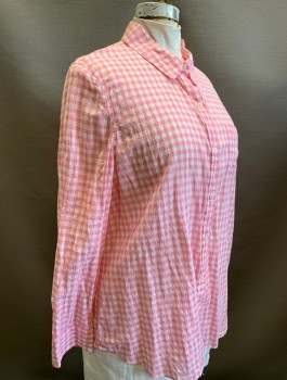 1901, Lt Pink, White, Cotton, Spandex, Gingham, Long Sleeves, Button Front, Collar Attached, 1 Patch Pocket