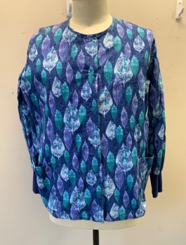 SCRUB ADVANTAGE, Midnight Blue, Teal Blue, White, Poly/Cotton, Leaves/Vines , Long Sleeves, Snap Front, Scoop Neck, 2 Patch Pockets at Hips, Midnight Blue Rib Knit Cuffs, Multiples