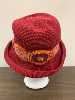 HEATHER ALLAN, Red, Orange, Plum Purple, Mauve Pink, Cotton, Circles, Bucket Hat, Crochet,