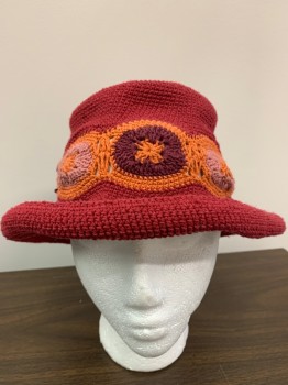 HEATHER ALLAN, Red, Orange, Plum Purple, Mauve Pink, Cotton, Circles, Bucket Hat, Crochet,