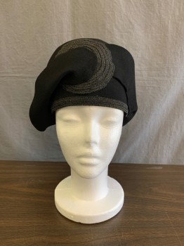NL, Black, Wool, Solid, Cloche, Added Black Felt Wrap Around Brim That Has the Illusion of Being Threaded Through a Woven Horsehair Ring Design Added Woven Horsehair Trim Along Lower Egde