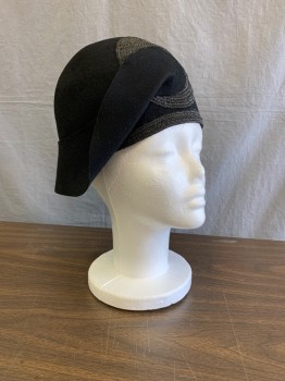NL, Black, Wool, Solid, Cloche, Added Black Felt Wrap Around Brim That Has the Illusion of Being Threaded Through a Woven Horsehair Ring Design Added Woven Horsehair Trim Along Lower Egde