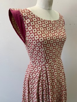 N/L, Cream, Sienna Brown, Red Burgundy, Cotton, Floral, Check , Novelty Print with Checkered Squares with Daisies Print, Cap Sleeves with Burgundy Accents, Scoop Neck, A-Line Full Skirt, Hem Mid-calf, Side Zipper