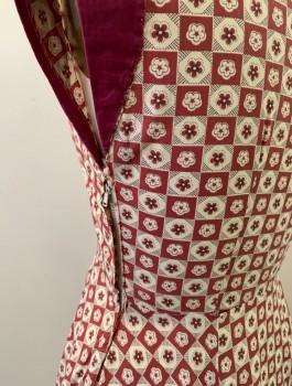 N/L, Cream, Sienna Brown, Red Burgundy, Cotton, Floral, Check , Novelty Print with Checkered Squares with Daisies Print, Cap Sleeves with Burgundy Accents, Scoop Neck, A-Line Full Skirt, Hem Mid-calf, Side Zipper