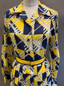 Anne Fogarty, Navy Blue, Yellow, White, Cotton, Geometric, L/S, Button Front, C.A., Sheer, Pleated Skirt