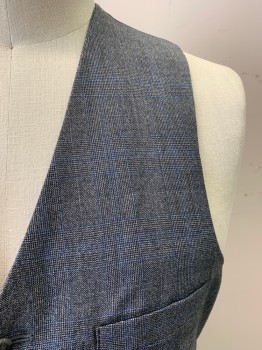 NO LABEL, Black, White, Blue, Wool, Glen Plaid, V-N, Single Breasted, Button Front, 5 Buttons