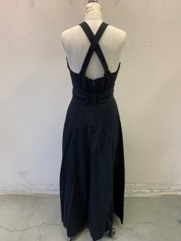 N/L, Black, Synthetic, Solid, Full Length, Halter, Cross Back Straps, 2 Self Buttons, Zip Back, White Rhinestone Buckle