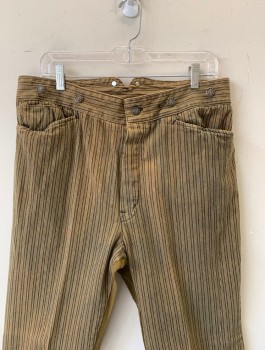 WAH MAKER, Espresso Brown, Tan Brown, Cotton, Stripes - Pin, Reproduction 1800's, Denim Fabric, Button Fly, Large Tan Panel at Bum/Back of Legs, Suspender Buttons at Outside Waist, Belted Back, 3 Pockets