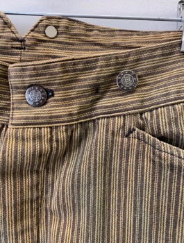 WAH MAKER, Espresso Brown, Tan Brown, Cotton, Stripes - Pin, Reproduction 1800's, Denim Fabric, Button Fly, Large Tan Panel at Bum/Back of Legs, Suspender Buttons at Outside Waist, Belted Back, 3 Pockets