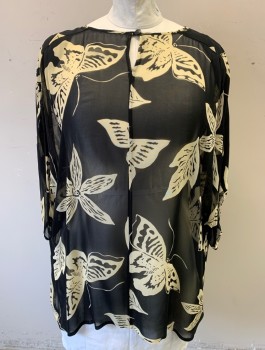 GIVENCHY EN PLUS, Black, Cream, Polyester, Novelty Pattern, Leaves/Vines , Sheer Chiffon with Large Butterflies, Flowers and Leaves Pattern, Tunic Top with Dolman Short Sleeves, Scoop Neck with 1 Button Keyhole