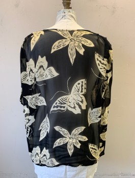 GIVENCHY EN PLUS, Black, Cream, Polyester, Novelty Pattern, Leaves/Vines , Sheer Chiffon with Large Butterflies, Flowers and Leaves Pattern, Tunic Top with Dolman Short Sleeves, Scoop Neck with 1 Button Keyhole