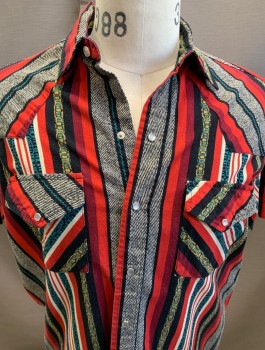 ROAD RUNNER, Red, Black, Maroon Red, Turquoise Blue, Goldenrod Yellow, Cotton, Stripes - Vertical , S/S Western Yoke, 2 Pockets, Snap Front,