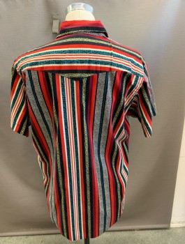 ROAD RUNNER, Red, Black, Maroon Red, Turquoise Blue, Goldenrod Yellow, Cotton, Stripes - Vertical , S/S Western Yoke, 2 Pockets, Snap Front,