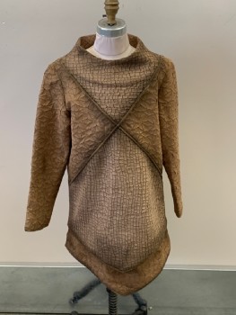 N/L, Taupe, Sienna Brown, Synthetic, Textured Fabric, Tunic, Wide Neck, 2 Different Fabric Patterns, Piping Criss Crossing Front & Back, Also Sides/ Cuffs/ Bottom, L/S, Front & BackTiered Fabric, Back Zip, Aged/ Distressed