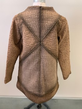 N/L, Taupe, Sienna Brown, Synthetic, Textured Fabric, Tunic, Wide Neck, 2 Different Fabric Patterns, Piping Criss Crossing Front & Back, Also Sides/ Cuffs/ Bottom, L/S, Front & BackTiered Fabric, Back Zip, Aged/ Distressed