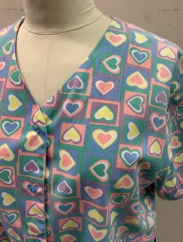 LIFE, Multi-color, Poly/Cotton, Squares, Hearts, S/S, Snap Front, 5 Snaps, 3 Patch Pockets, Back Belt