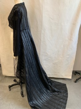 N/L MTO, Black, Nylon, Polyester, Chevron, Strips of Chevron Fabric Stitched to Sheer Net, Cropped Front Bodice, Long Fishnet Sleeves, V-neck, Open in Front with Train in Back, Raw Edges, Back Zipper, Barcode in Right Side Seam of Bodice, Made To Order