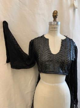 N/L MTO, Black, Nylon, Polyester, Chevron, Strips of Chevron Fabric Stitched to Sheer Net, Cropped Front Bodice, Long Fishnet Sleeves, V-neck, Open in Front with Train in Back, Raw Edges, Back Zipper, Barcode in Right Side Seam of Bodice, Made To Order