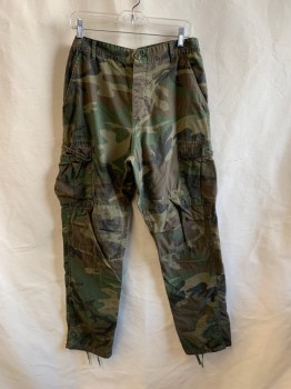 NL, Olive Green, Green, Brown, Cotton, Camouflage, Slant Pockets, Button Front, 2 Cargo Pockets, 2 Back Pockets, Drawstring Cuffs, *Faded