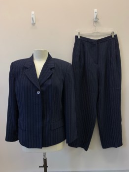 VALERIE STEVENS, Navy Blue, White, Polyester, Stripes - Pin, L/S, Button Front, Single Breasted, Notched Lapel, Top Pockets,