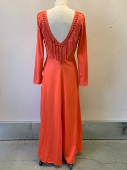 NO LABEL, Coral Pink, Polyester, Solid, L/S, V Neck, Crochet Detailing on Neckline with Fringe, Pleated Front, Minor Stain, Pullover, Low V Cut Back