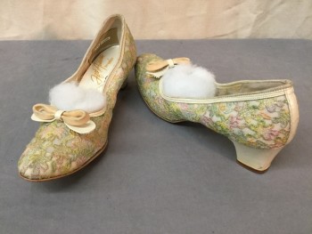 FIFTH AVENUE, Cream, Lt Pink, Lt Green, Lt Blue, Polyester, Leather, Floral, Low Heel Pump, Cream Leather Heel, Trim and Bow Detail, Embroiderred Net Upper